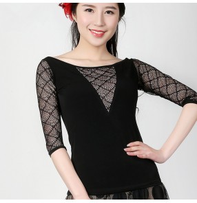 Black lace patchwork middle long sleeves v   see through neck competition performance professional ballroom tango waltz flamenco dance tops 